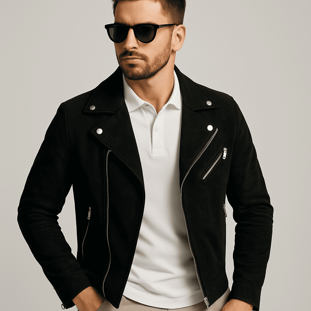 A stylish young man wearing a white jacket, trendy sunglasses, and modern casual wear, posing confidently against a neutral background.