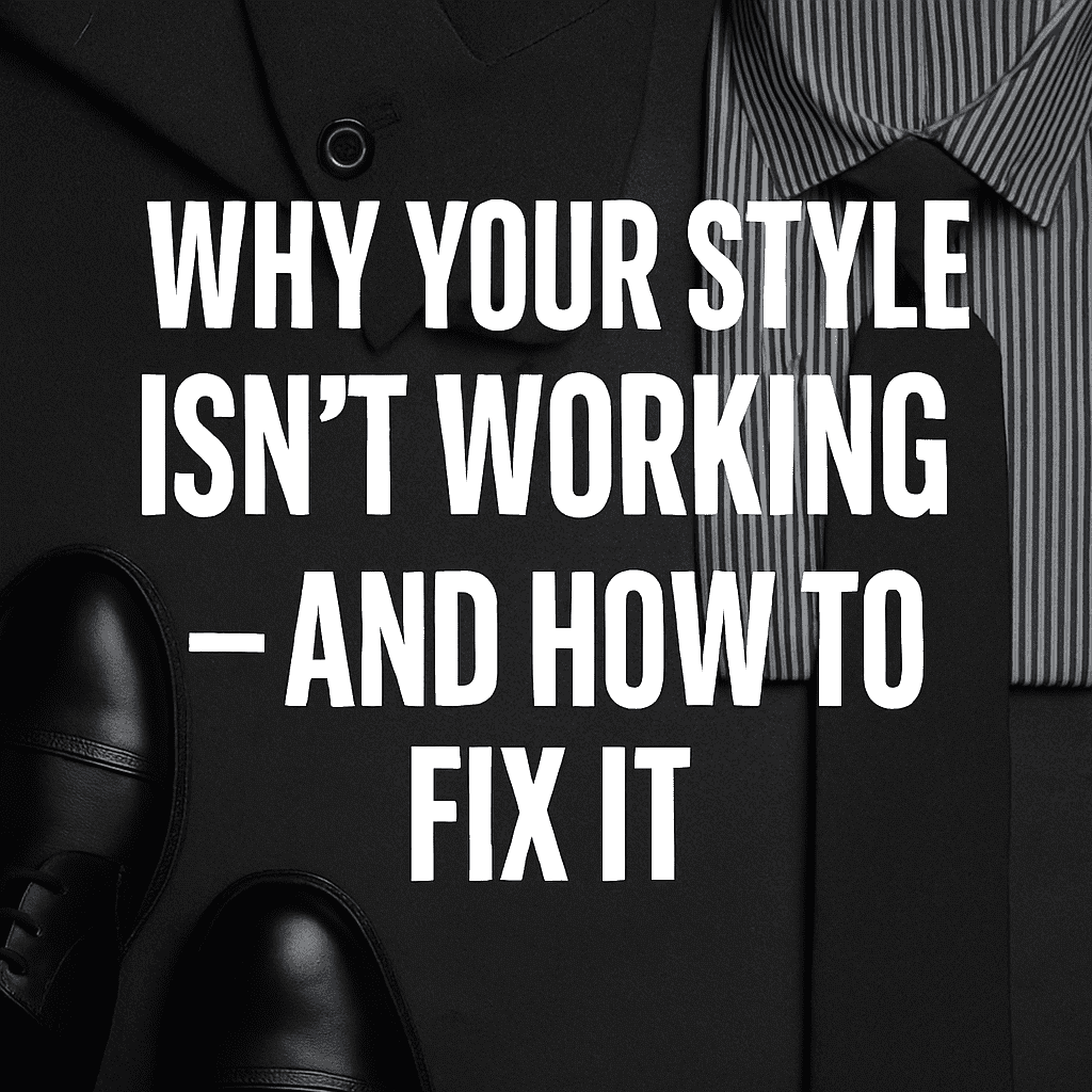 A stylish digital graphic featuring bold white text overlaid on a blurred image of a fashionable man, highlighting "Top 7 Fashion Hacks for Men in 2025" with a modern and trendy design.