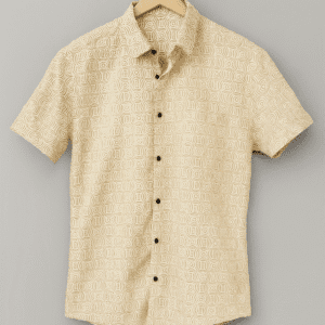 Men's beige short sleeve cotton shirt with geometric swirl print, button-down front – front view on hanger