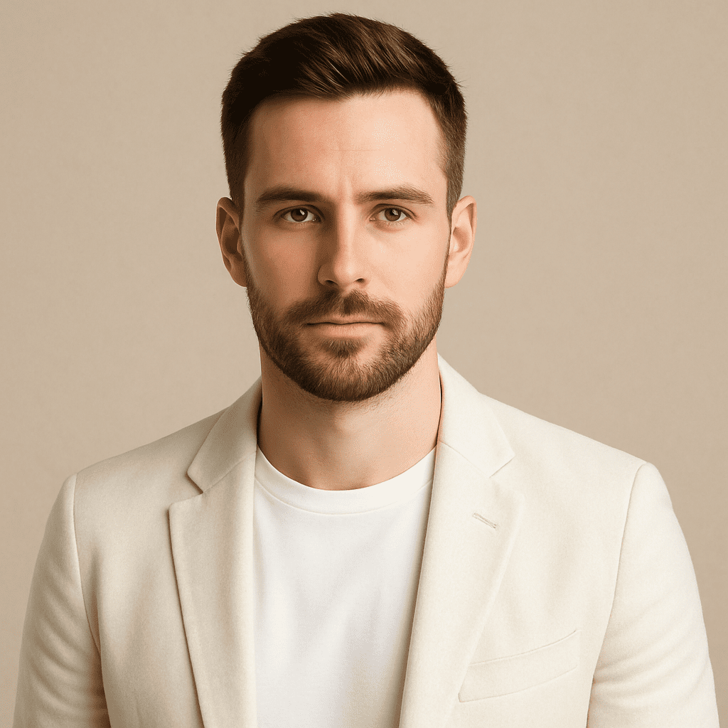 A fair-skinned man with short brown hair and a well-groomed beard poses confidently in a cream-colored blazer and white t-shirt, standing against a soft beige background.