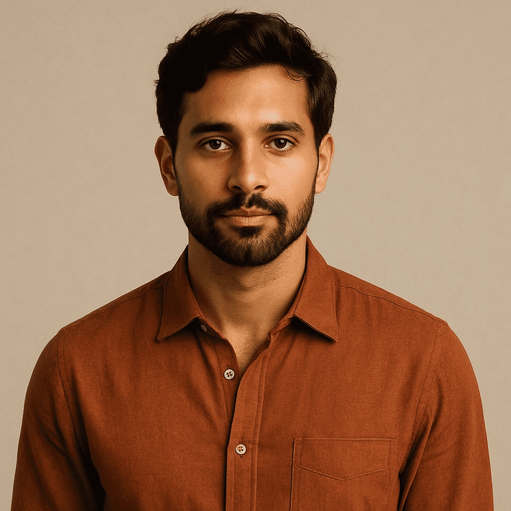 A man with a wheatish skin tone and neatly styled black hair poses confidently in a rust-colored shirt, standing against a soft beige background with a calm and composed expression