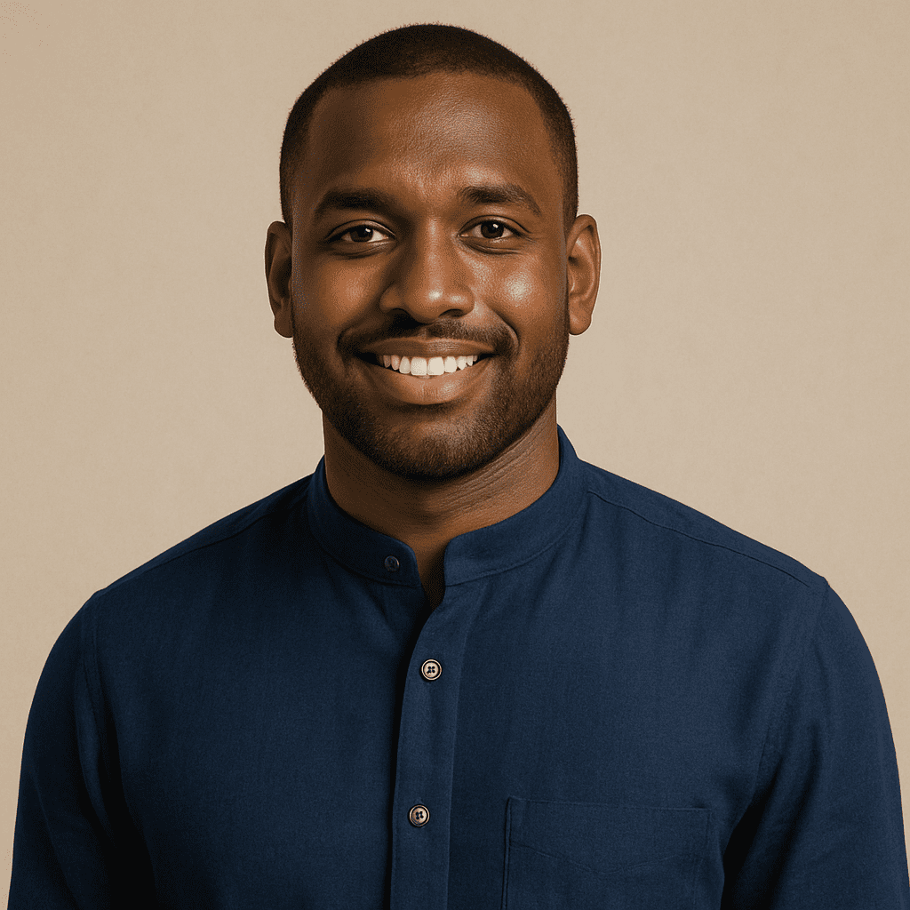 A man with a dusky skin tone smiles warmly while wearing a navy blue kurta, standing against a soft beige background with a confident and approachable expression.