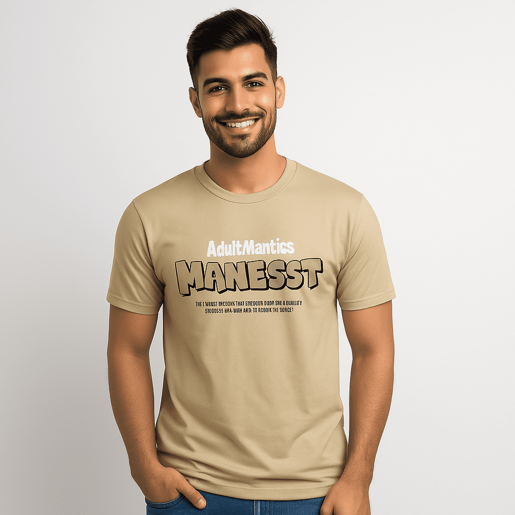 A stylish young male model smiling confidently while wearing a beige casual T-shirt with bold "MANESST" graphic print on the chest, against a clean white studio backdrop.